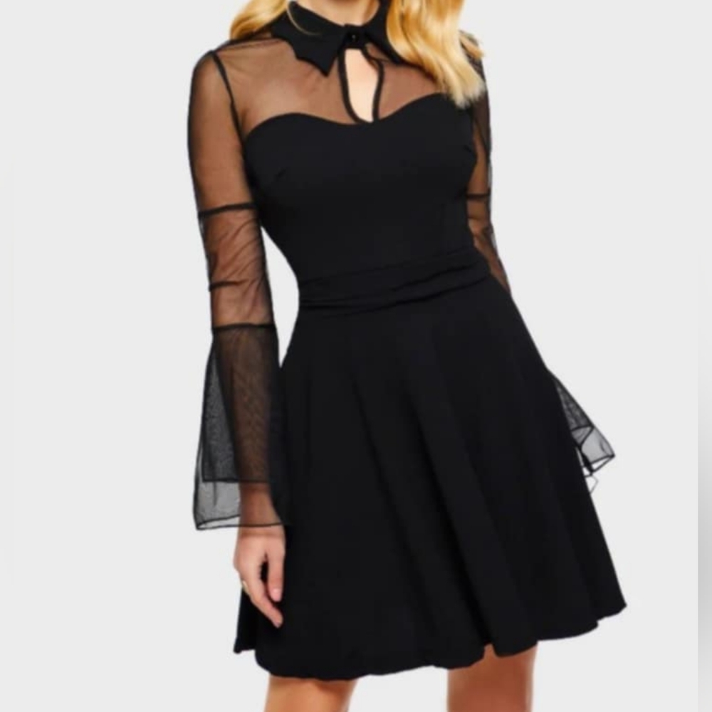 This is a Wednesday addam style black and mesh flared sleeve dress